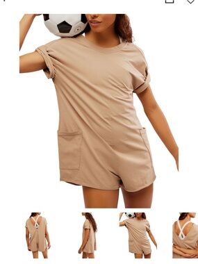 FP Movement by Free People Beige Short Sleeve Pocket Hot Shot Romper